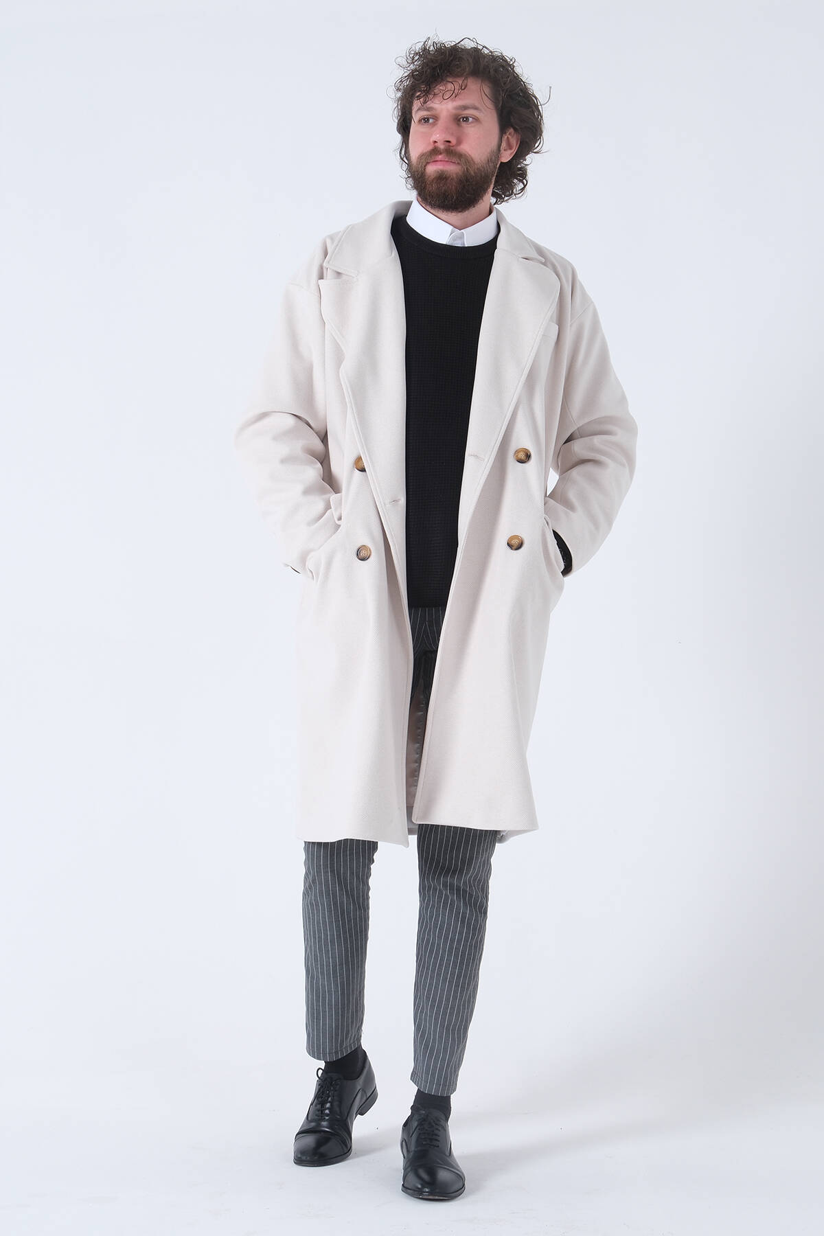 Krem Oversize Erkek Yaka Kaşe Kaban 01015002.19 - Ardanewline