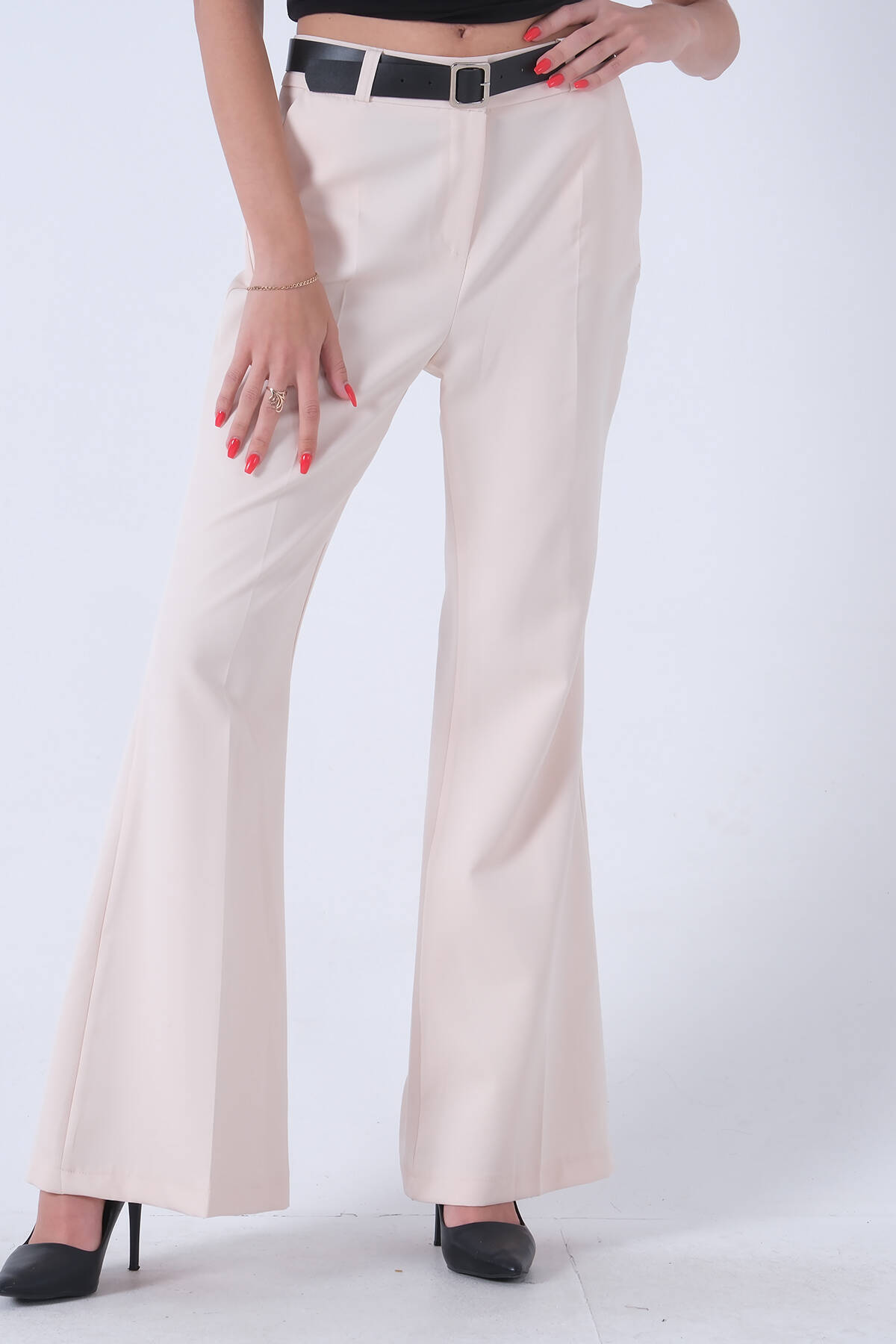 Krem Yüksek Bel İspanyol Paça Pantolon 0303891.19 - Ardanewline (1)