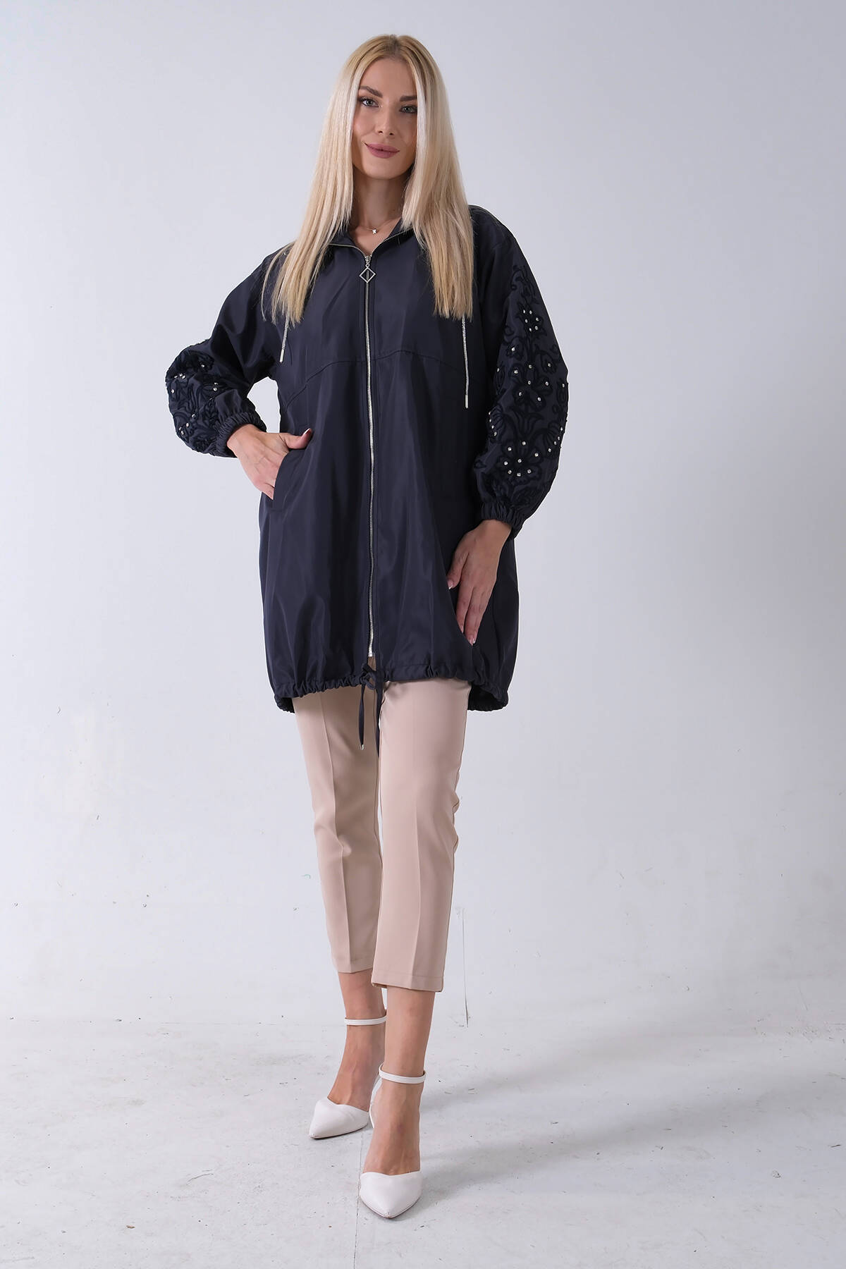 Lacivert 2 Cepli Kolları Dantel Taş İşlemeli Trenç 940140168.02 - Ardanewline