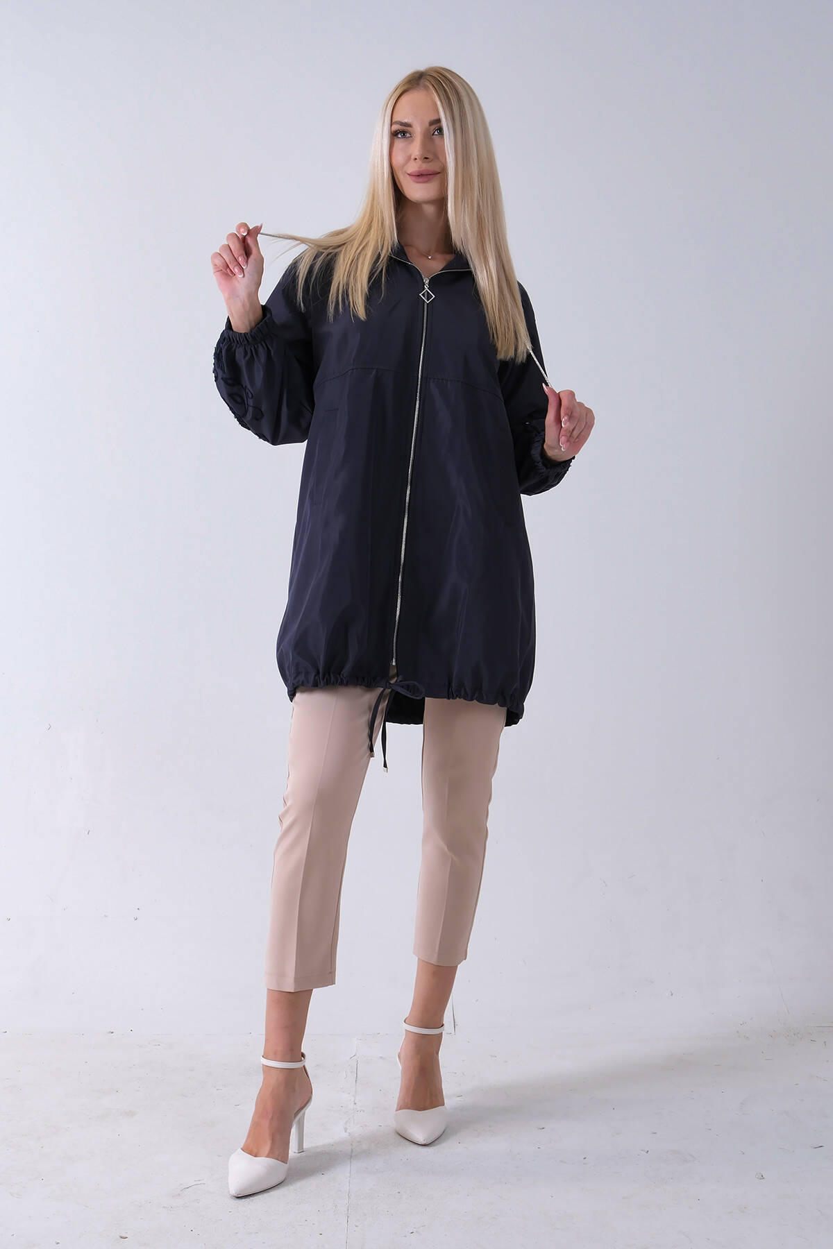 Lacivert 2 Cepli Kolları Dantel Taş İşlemeli Trenç 940140168.02 - Ardanewline (1)