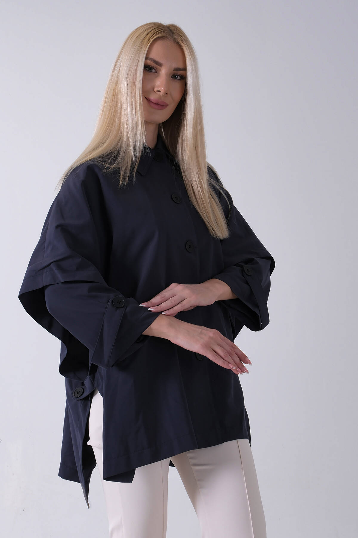 Lacivert 5 Düğme Kapamalı Takma Kol Yandan Cepli Trenç 5309343.02 - Ardanewline (1)