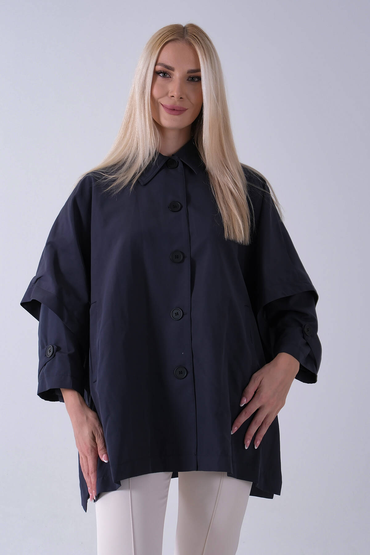 Lacivert 5 Düğme Kapamalı Takma Kol Yandan Cepli Trenç 5309343.02 - Ardanewline