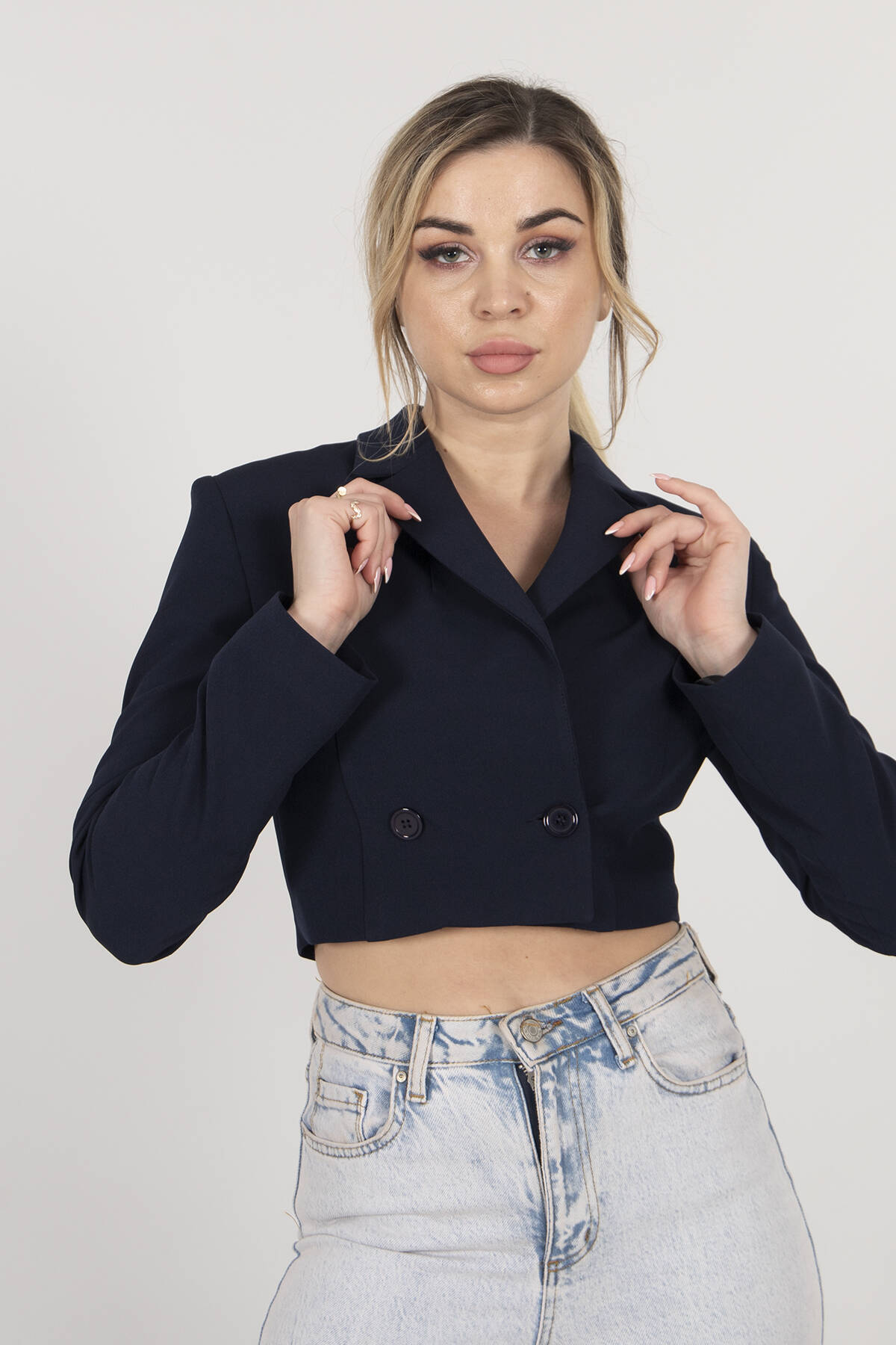 Lacivert Astarlı Crop Blazer Ceket 0105118.02