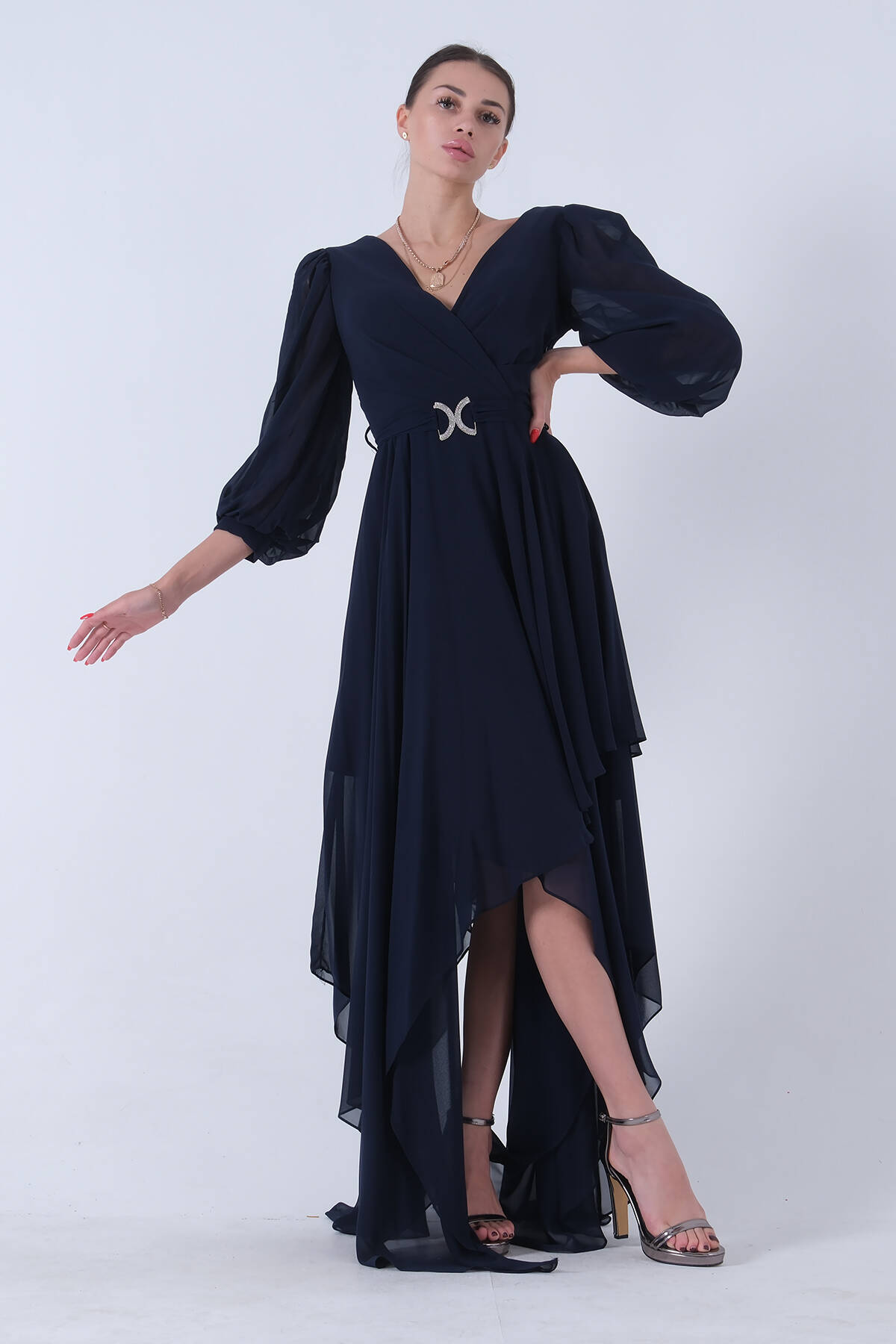 Lacivert Balon Kol Kruvaze Yaka Asimetrik Kesim Abiye Elbise 6502417.02 - Ardanewline