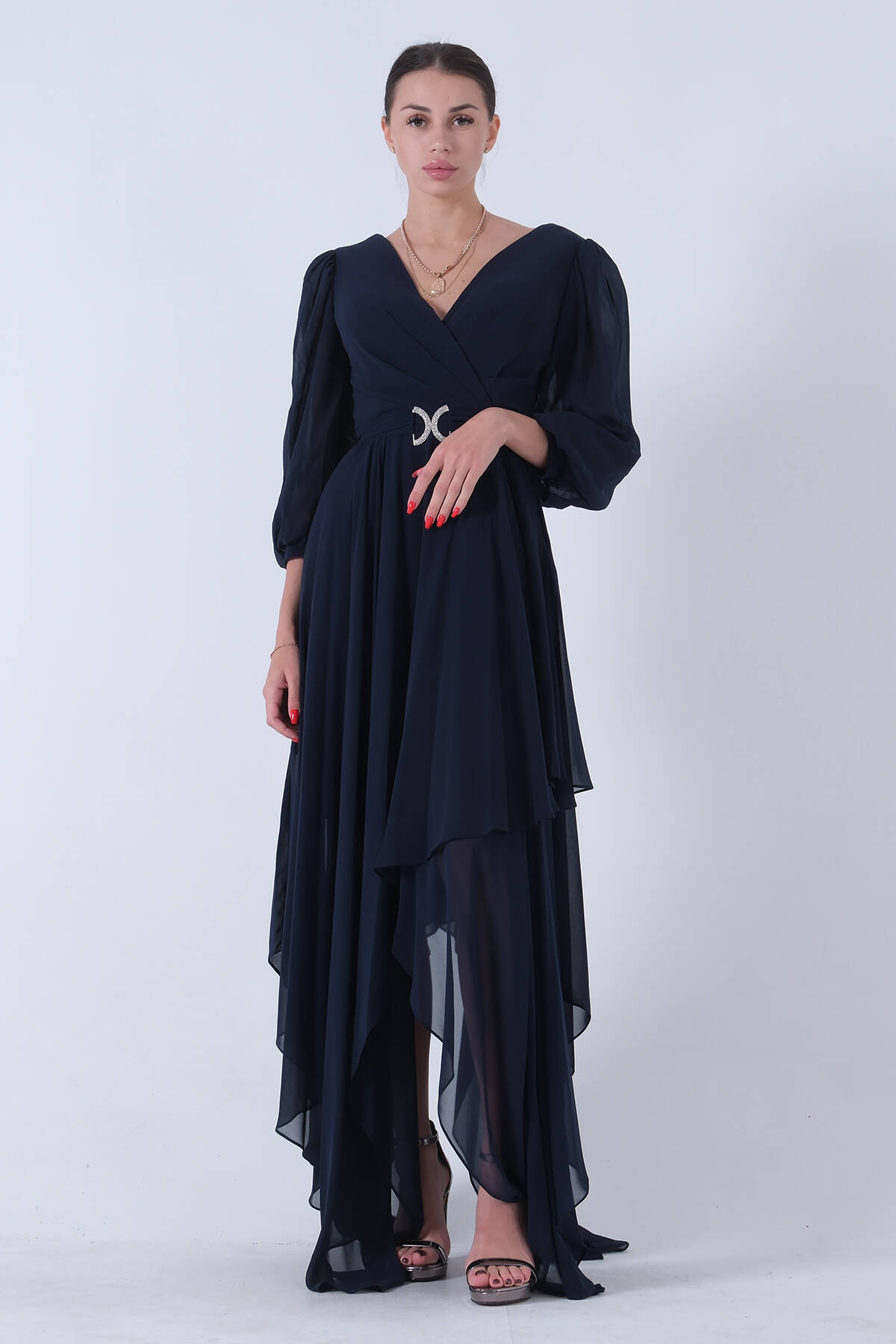 Lacivert Balon Kol Kruvaze Yaka Asimetrik Kesim Abiye Elbise 6502417.02 - Ardanewline (1)