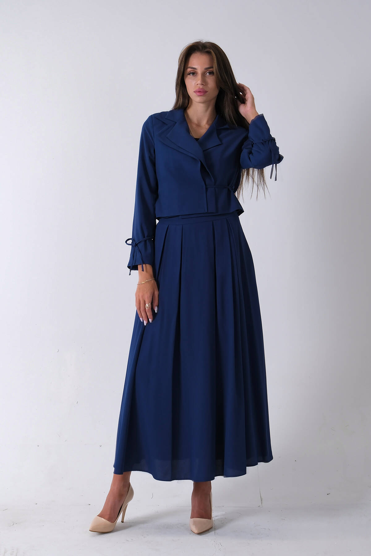 Lacivert Bel ve Bilek Bağlama Detaylı Crop Ceket Etekli Takım 4592249.02 - Ardanewline