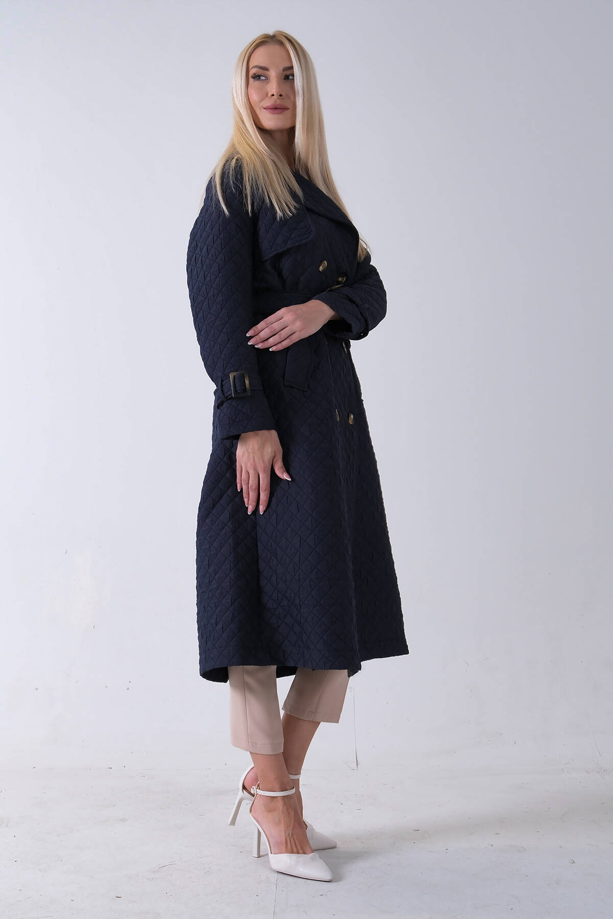 Lacivert Beli Kemerli Düğme Kapamalı Kapitone Desenli Trenç 44520205.02 - Ardanewline (1)