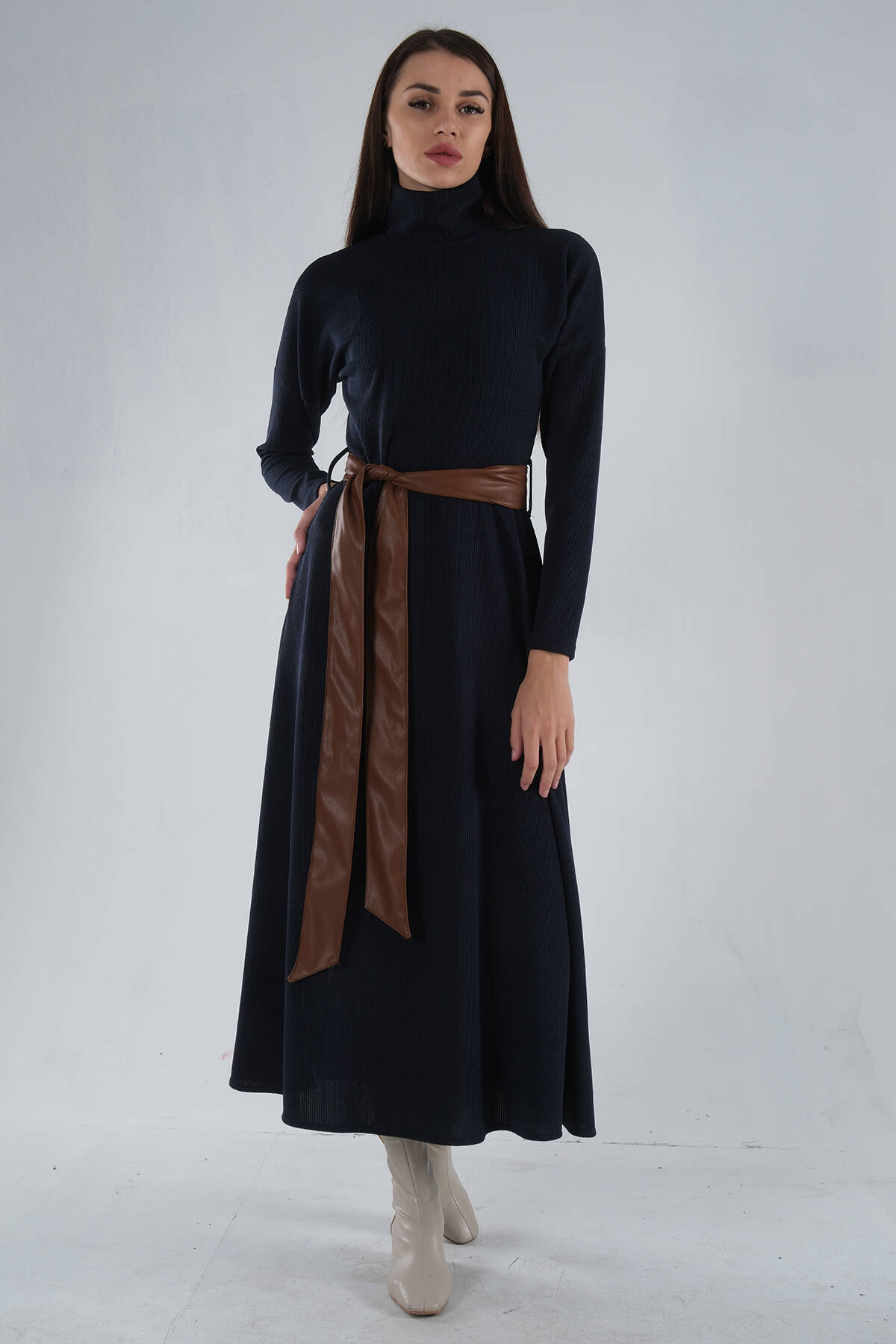 Lacivert Beli Kemerli Örme Elbise 0104030.02 - Ardanewline