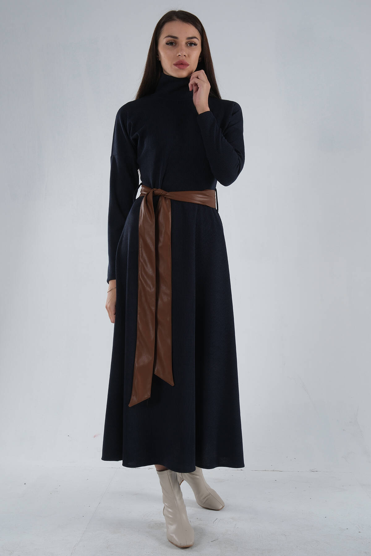 Lacivert Beli Kemerli Örme Elbise 0104030.02 - Ardanewline (1)