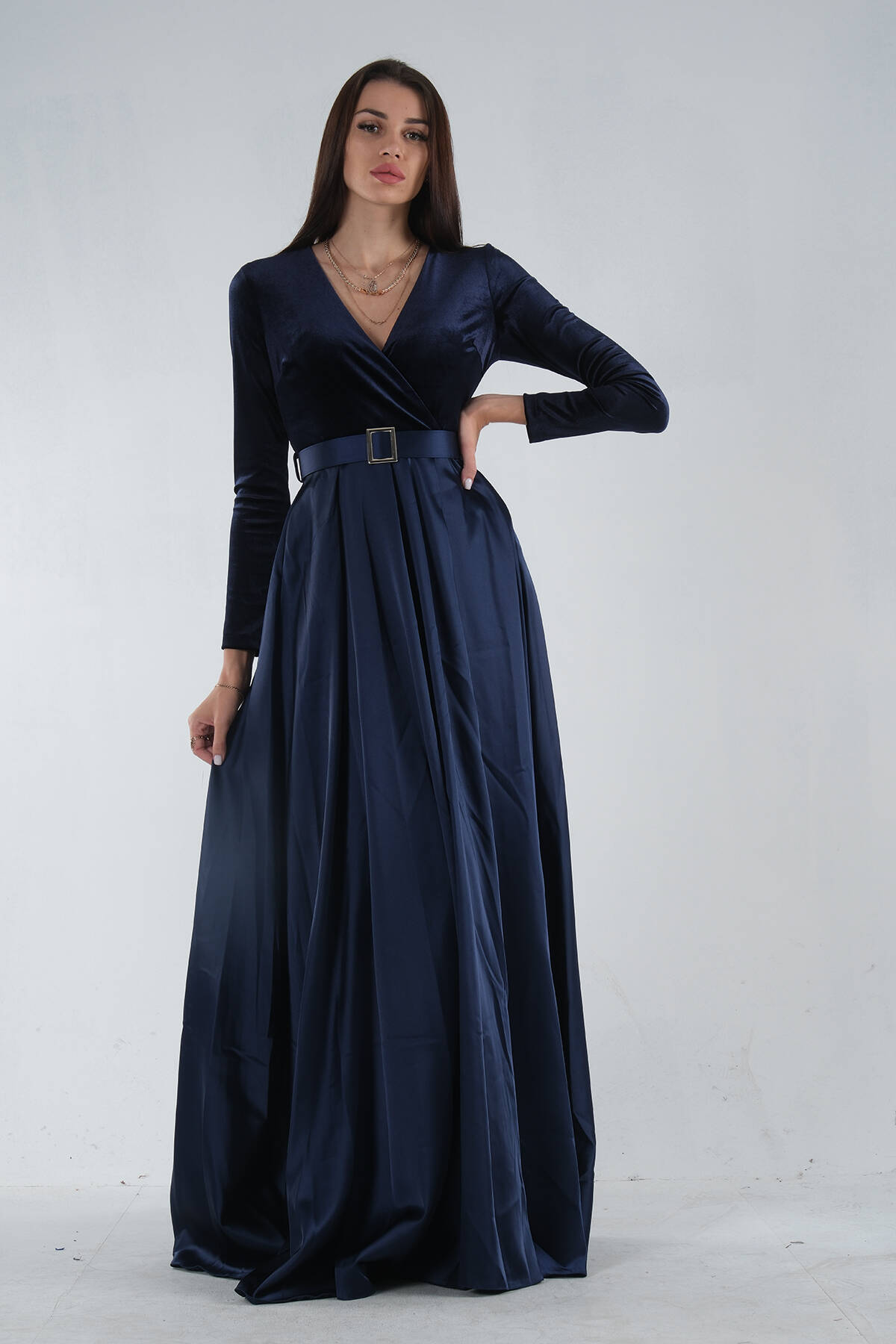 Lacivert Beli Kemerli Üstü Kadife Altı Saten Abiye & Mezuniyet Elbisesi 9704787.02 - Ardanewline (1)
