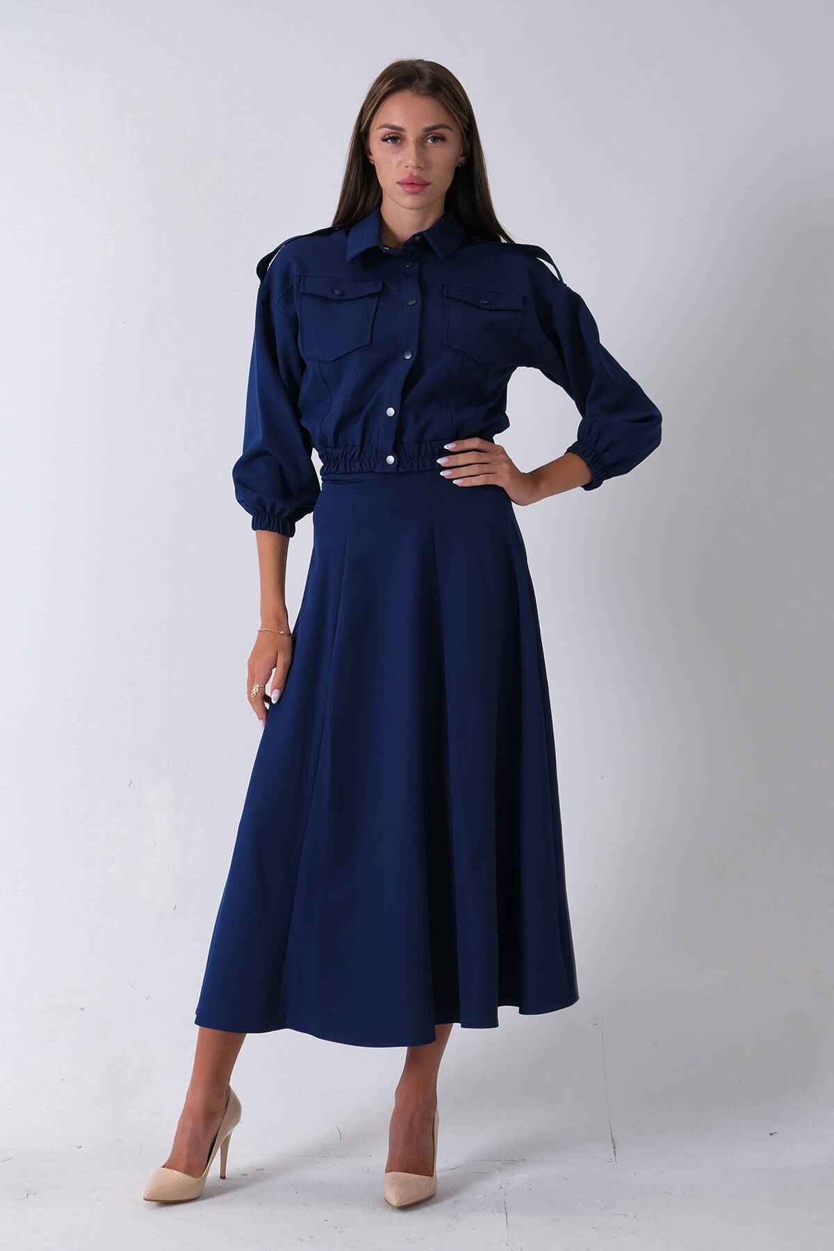 Lacivert Beli Lastikli Cepli Ceket ve Etek İkili Takım 4595053.02 - Ardanewline