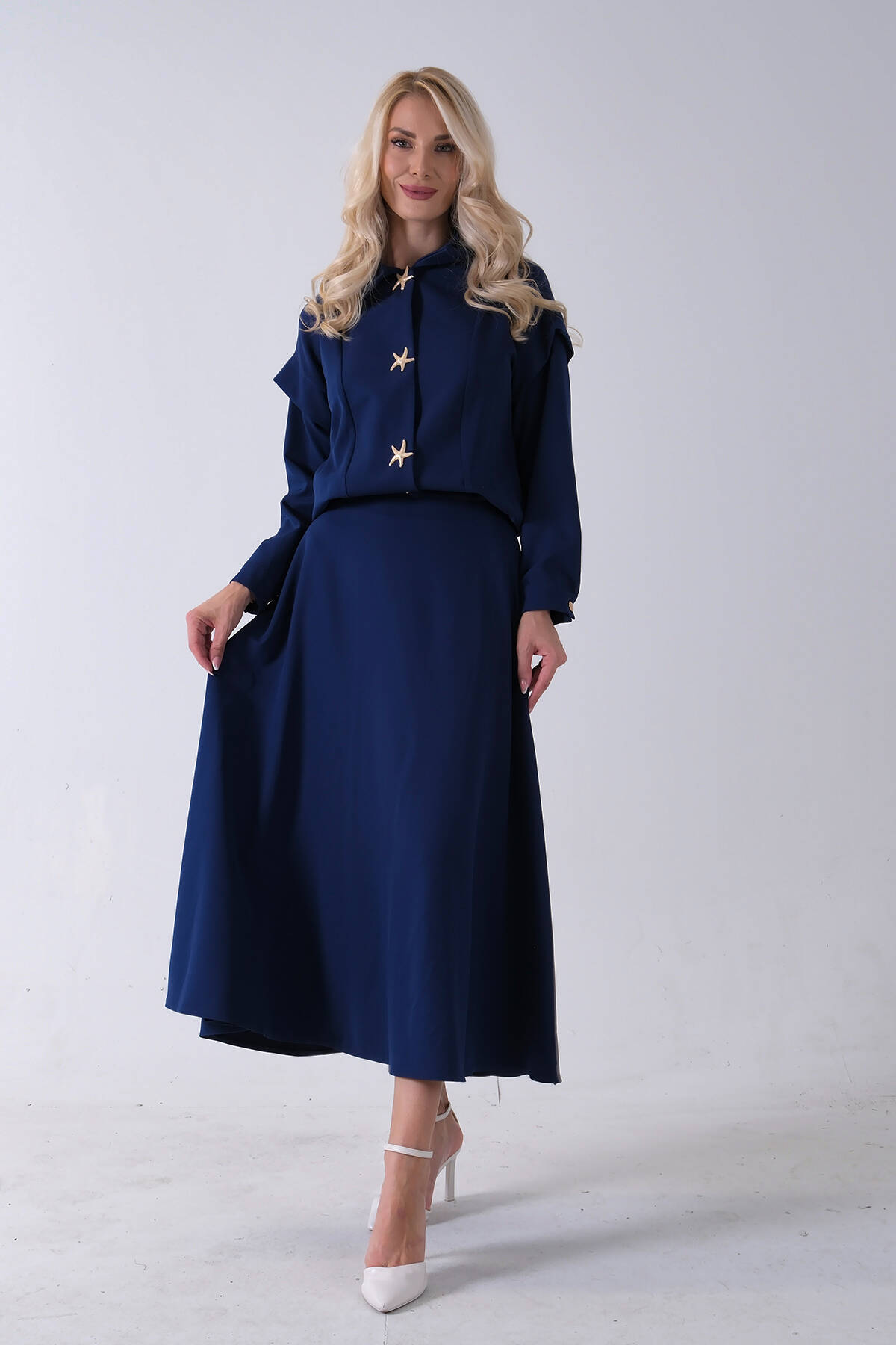 Lacivert Beli Lastikli Deniz Yıldızı Çıt Çıt Kapamalı Ceket Detaylı Etekli Takım 4592269.02 - Ardanewline