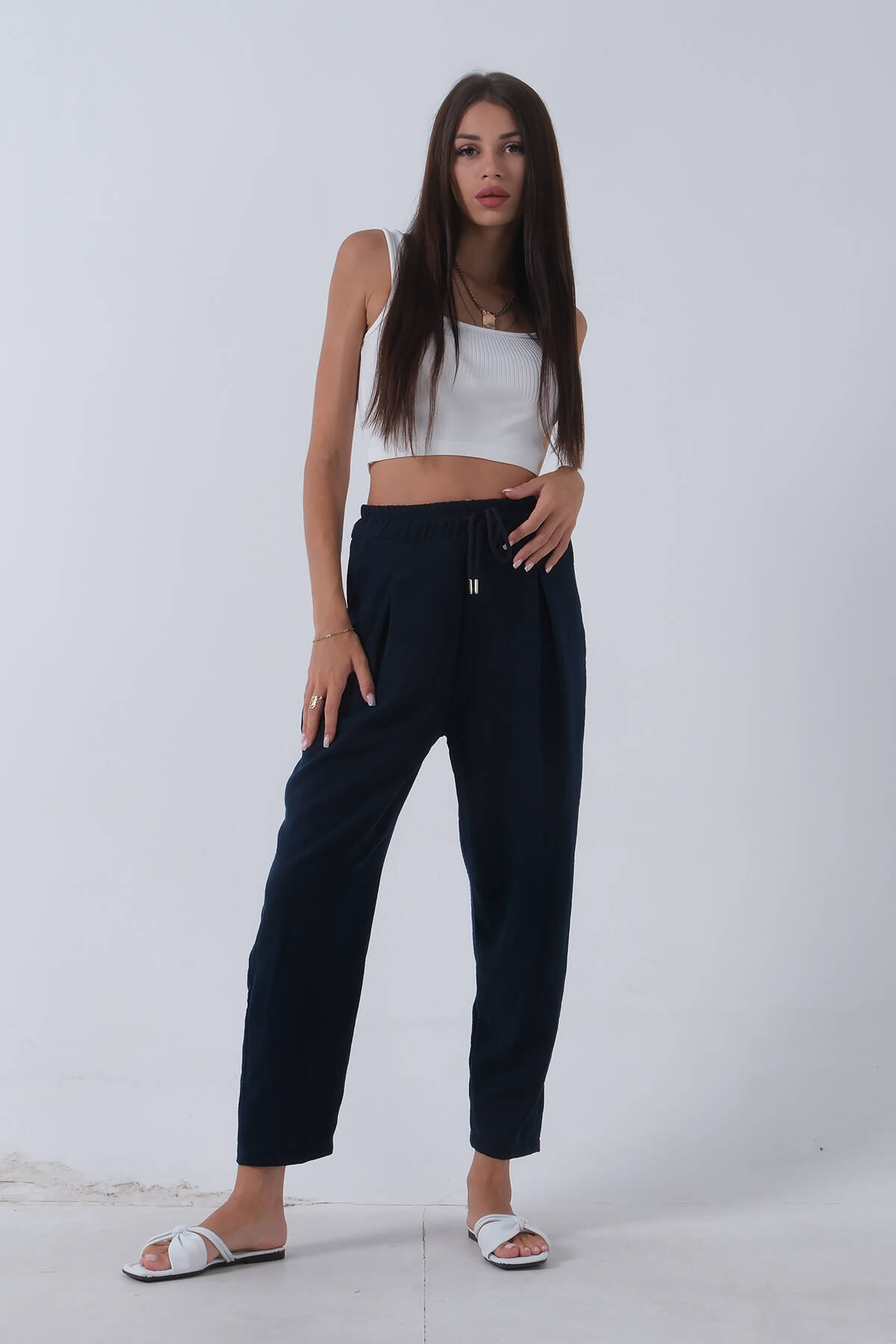 Lacivert Beli Lastikli Keten Pantolon 3970412.02 - Ardanewline