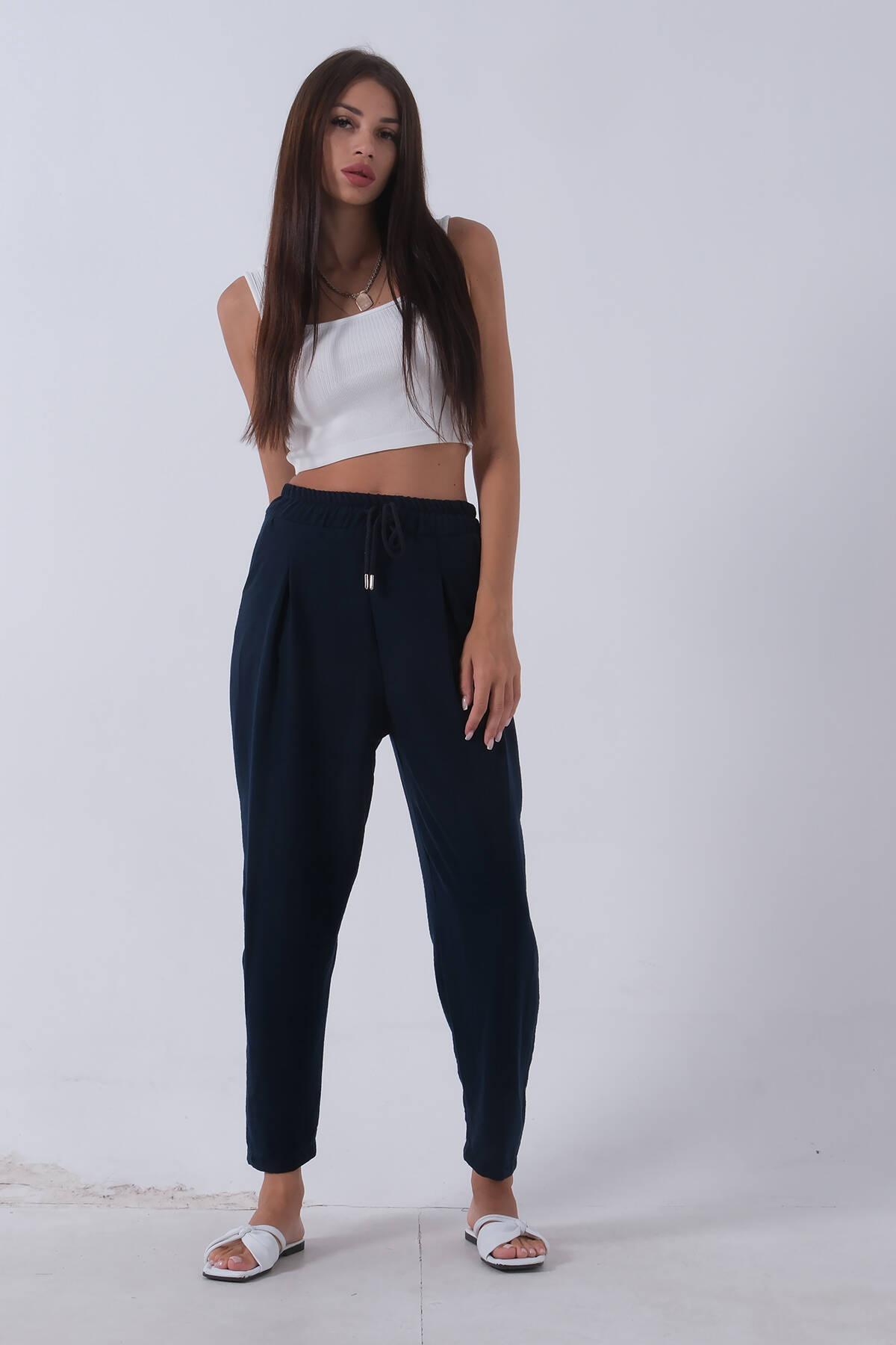 Lacivert Beli Lastikli Keten Pantolon 3970412.02 - Ardanewline (1)