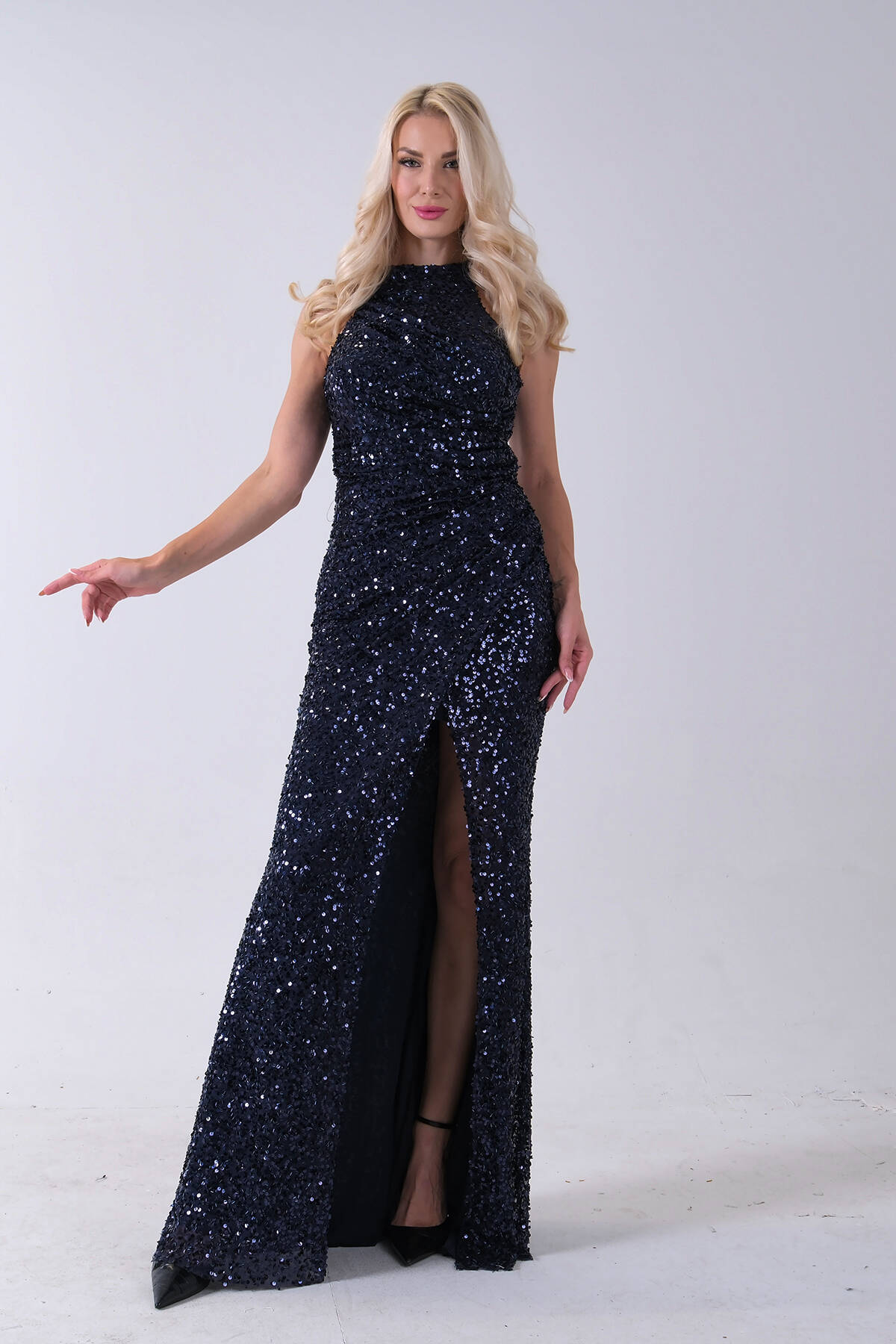 Lacivert Bisiklet Yaka Kolsuz Yırtmaç Detaylı Pul Payet Abiye 9705482.02 - Ardanewline (1)