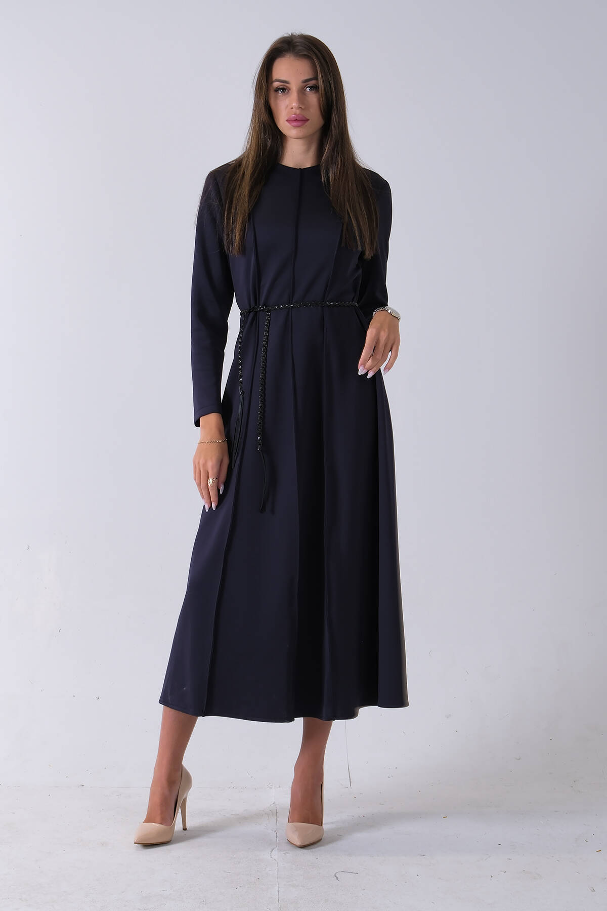 Lacivert Bisiklet Yaka Önü Pile Detaylı Beli Kemerli Elbise 4593453.02 - Ardanewline