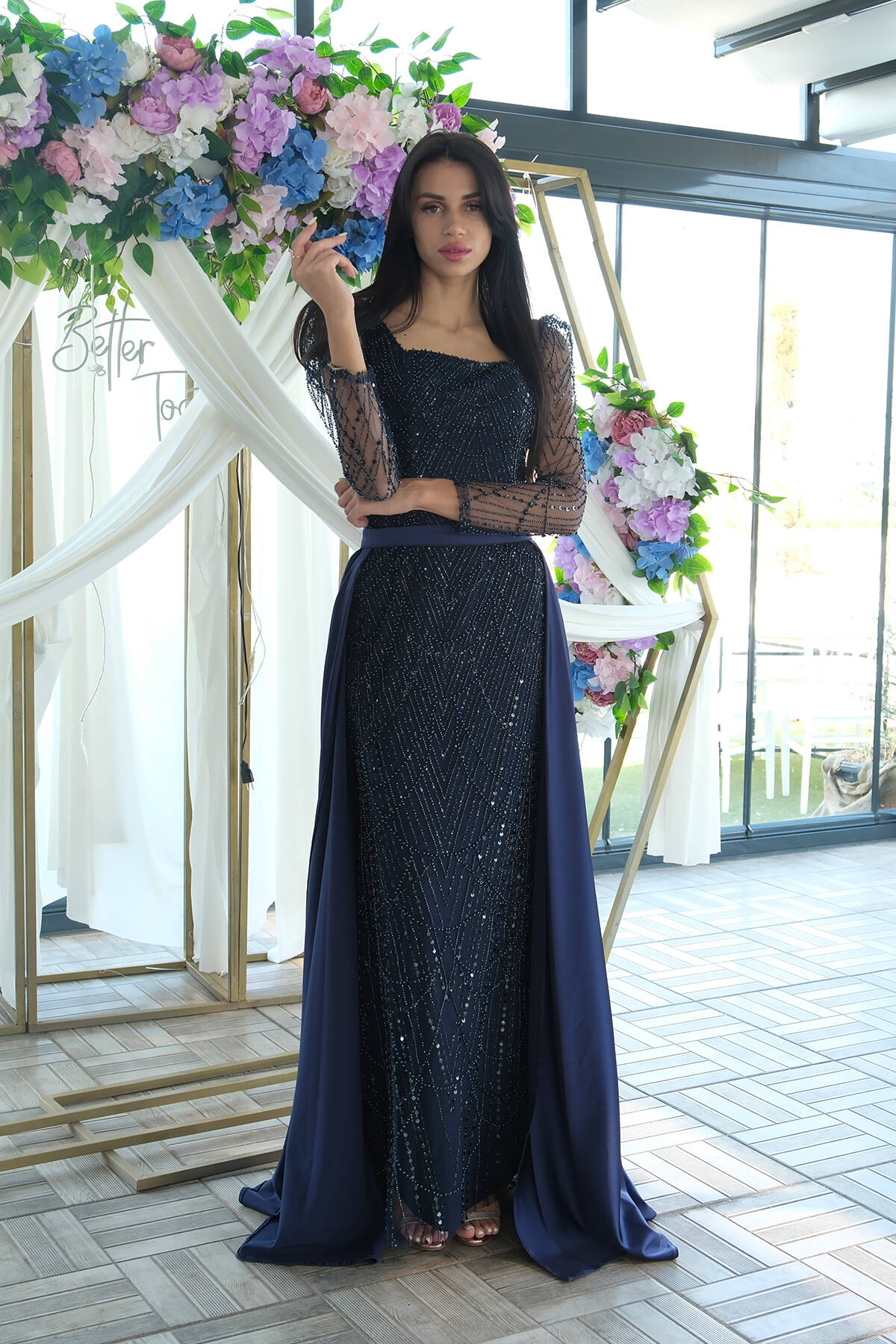 Lacivert Boncuk İşlemeli Tül Kol Detaylı Uzun Abiye 9705463.02 - Ardanewline (1)