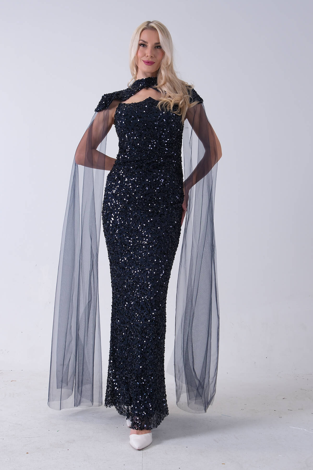 Lacivert Boyundan Takma Tül Detaylı Straplez Pul Payet Abiye 9705683.02 - Ardanewline (1)