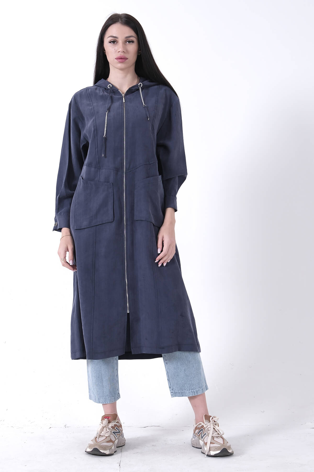 Lacivert Çift Cep Detaylı Fermuar Kapamalı Kapüşonlu Kap 44510684.02 - Ardanewline