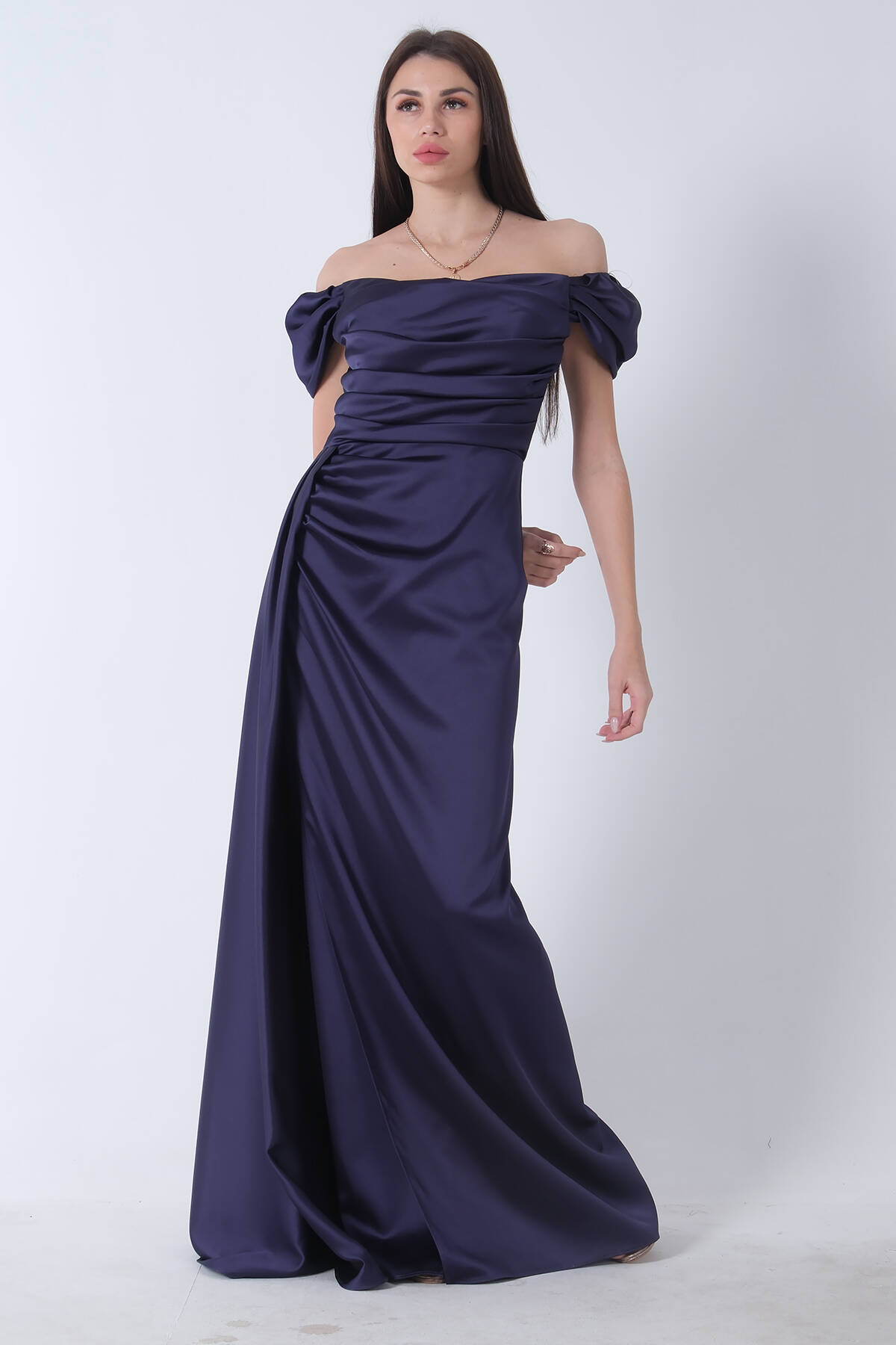 Lacivert Drape Detaylı Saten Kumaş Abiye Elbise 9704858.02 - Ardanewline