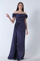Lacivert Drape Detaylı Saten Kumaş Abiye Elbise 9704858.02 - 2