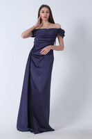 Lacivert Drape Detaylı Saten Kumaş Abiye Elbise 9704858.02 - 4