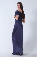 Lacivert Drape Detaylı Saten Kumaş Abiye Elbise 9704858.02 - 5