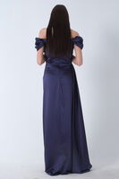 Lacivert Drape Detaylı Saten Kumaş Abiye Elbise 9704858.02 - 6