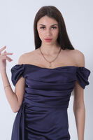 Lacivert Drape Detaylı Saten Kumaş Abiye Elbise 9704858.02 - 7