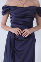 Lacivert Drape Detaylı Saten Kumaş Abiye Elbise 9704858.02 - 8