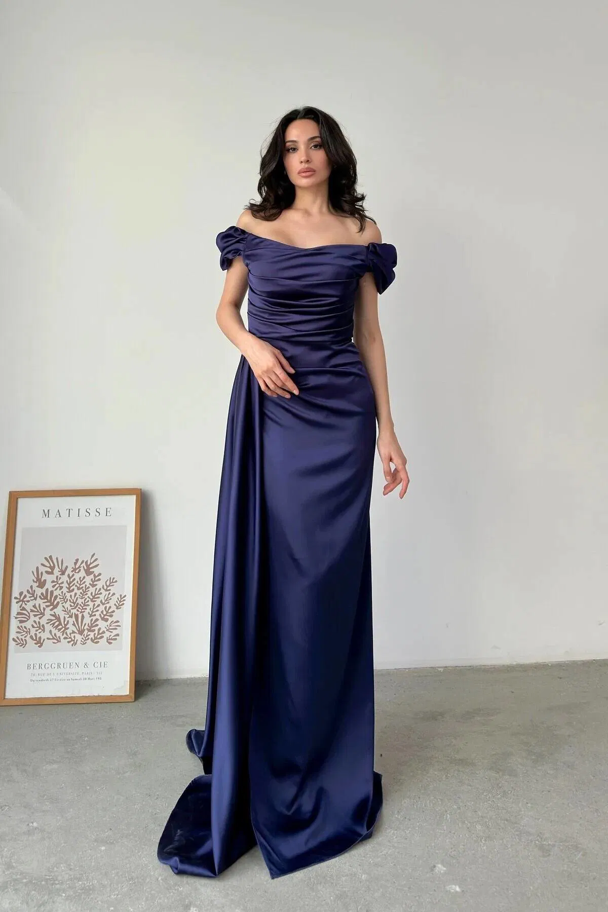 Lacivert Drape Detaylı Saten Kumaş Abiye Elbise 9704858.02 - Ardanewline