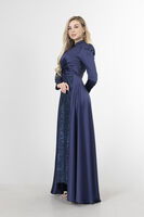 Lacivert Drape Ve Kuyruk Detaylı Simli Abiye Elbise 6502422.02 - 3
