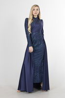Lacivert Drape Ve Kuyruk Detaylı Simli Abiye Elbise 6502422.02 - 4
