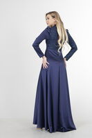 Lacivert Drape Ve Kuyruk Detaylı Simli Abiye Elbise 6502422.02 - 6