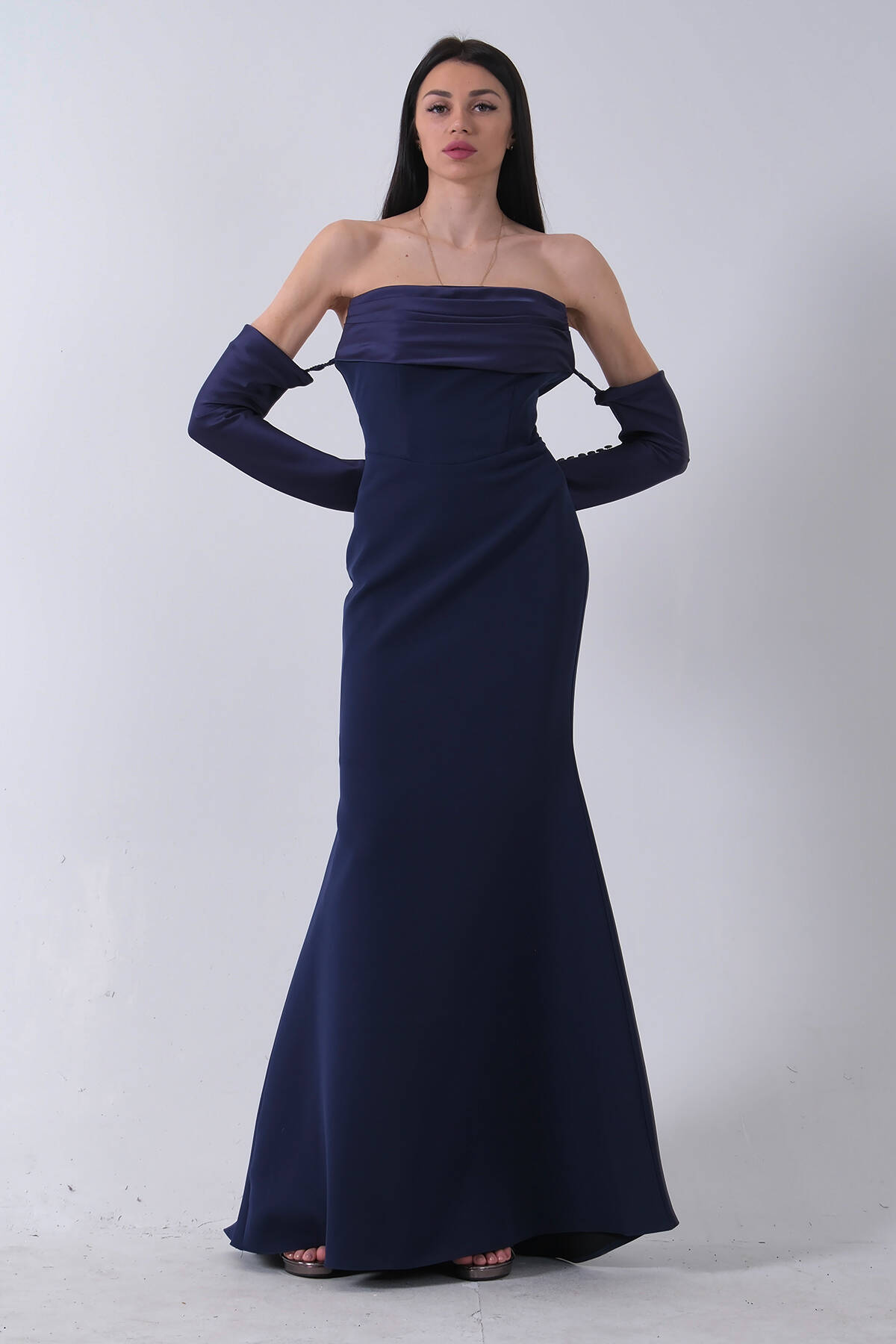 Lacivert Drapeli Düğme Detaylı Uzun Abiye 9705361.02 - Ardanewline