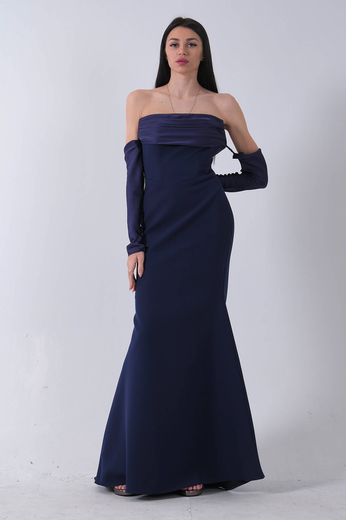 Lacivert Drapeli Düğme Detaylı Uzun Abiye 9705361.02 - Ardanewline (1)