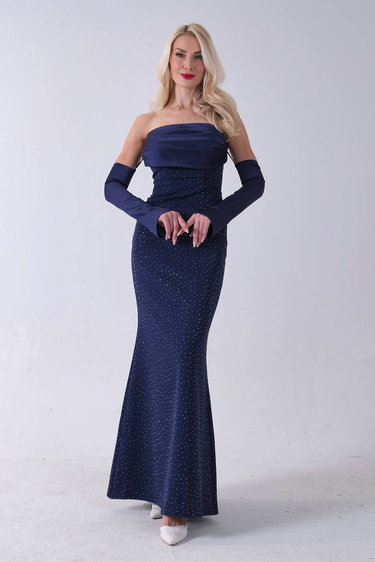 Lacivert Drapeli Üzeri Işıltı Nokta Detaylı Kollu Abiye 0802502.02 - Ardanewline