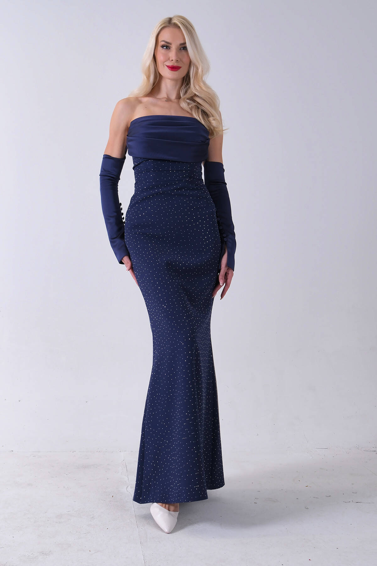 Lacivert Drapeli Üzeri Işıltı Nokta Detaylı Kollu Abiye 0802502.02 - Ardanewline (1)