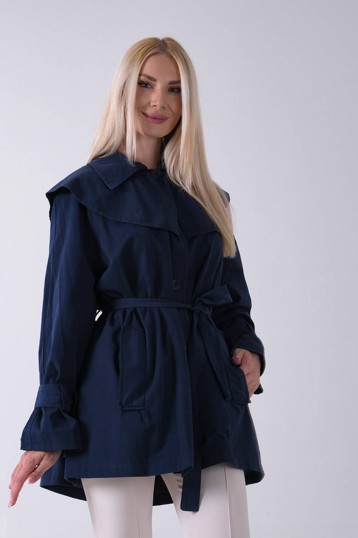 Lacivert Düğme Kapamalı Kuşaklı Yandan Cepli Trenç 422235.02 - Ardanewline (1)