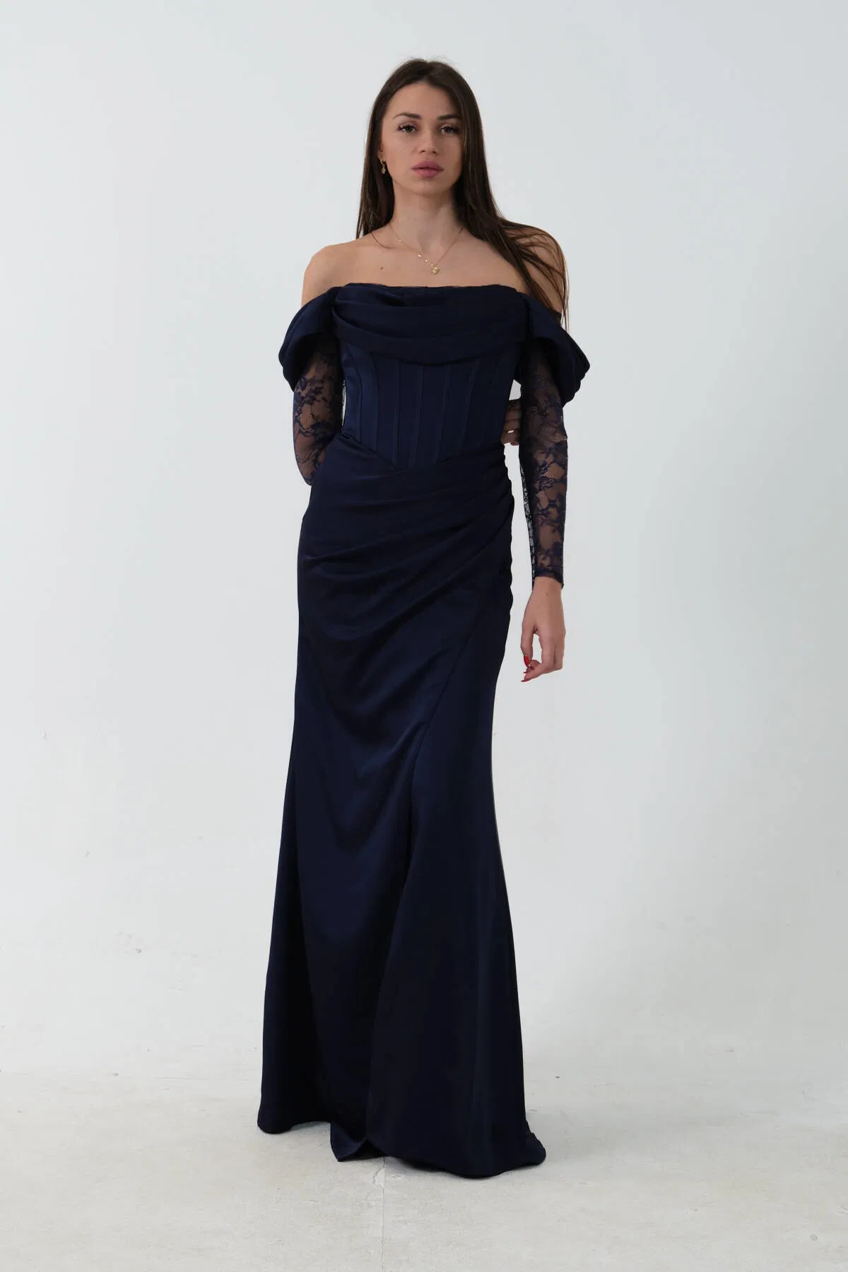 Lacivert Düşük Omuz Dantel Kolu Korsajlı Abiye 9705830.02 - Ardanewline