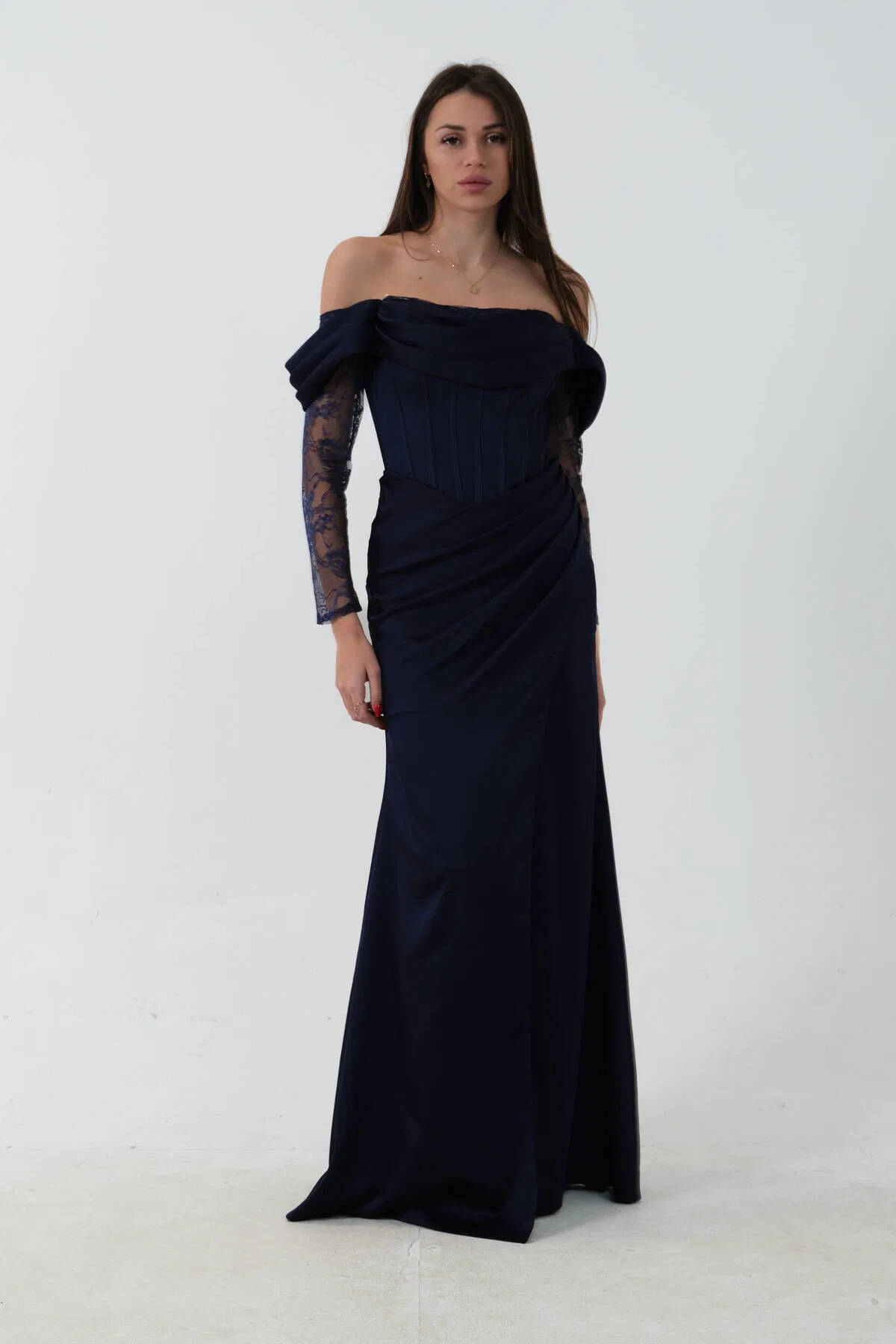 Lacivert Düşük Omuz Dantel Kolu Korsajlı Abiye 9705830.02 - Ardanewline (1)