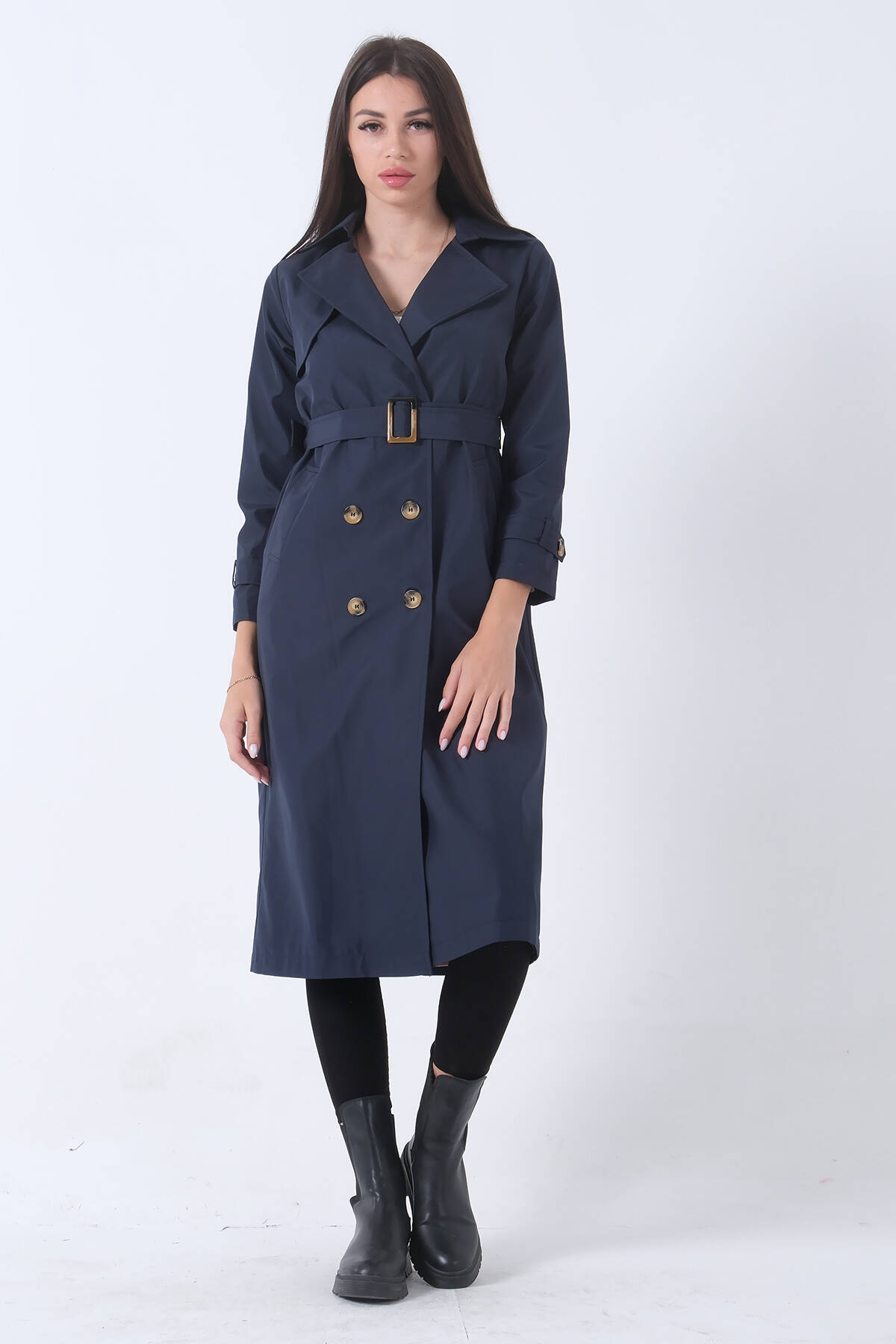 Lacivert Ekose Astarlı Düğmeli ve Kemerli Trençkot 0204049.02 - Ardanewline