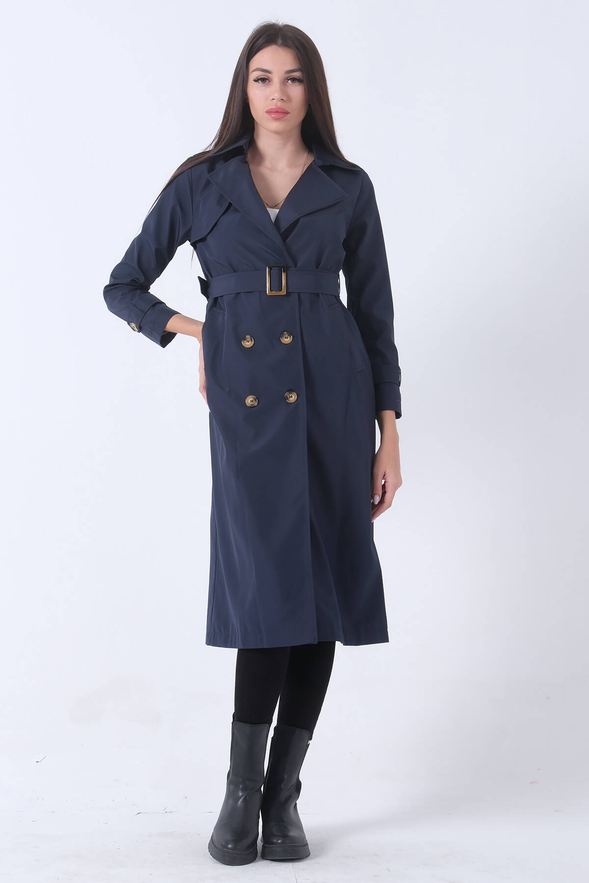 Lacivert Ekose Astarlı Düğmeli ve Kemerli Trençkot 0204049.02 - Ardanewline (1)