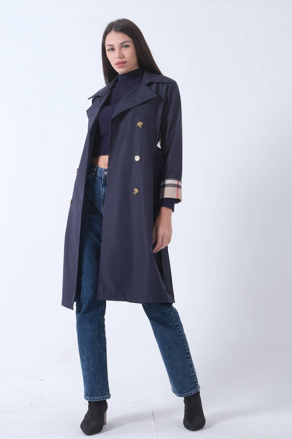 Lacivert Ekose Detaylı Düğme ve Kuşaklı Trençkot 0202027.02 - Ardanewline