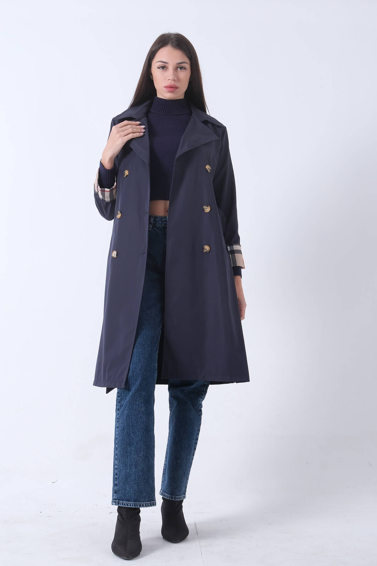 Lacivert Ekose Detaylı Düğme ve Kuşaklı Trençkot 0202027.02 - Ardanewline (1)