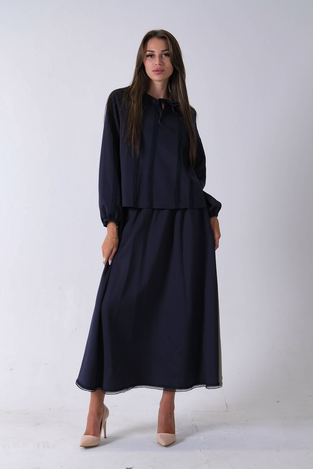 Lacivert Etek Ucu Dantel Detaylı Yaka Bağlamalı 2'li Takım 4592262.02 - Ardanewline