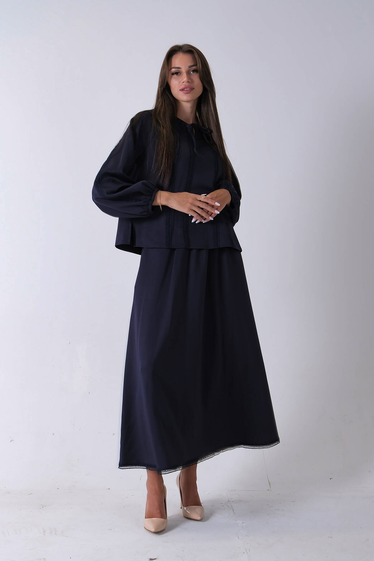Lacivert Etek Ucu Dantel Detaylı Yaka Bağlamalı 2'li Takım 4592262.02 - Ardanewline (1)