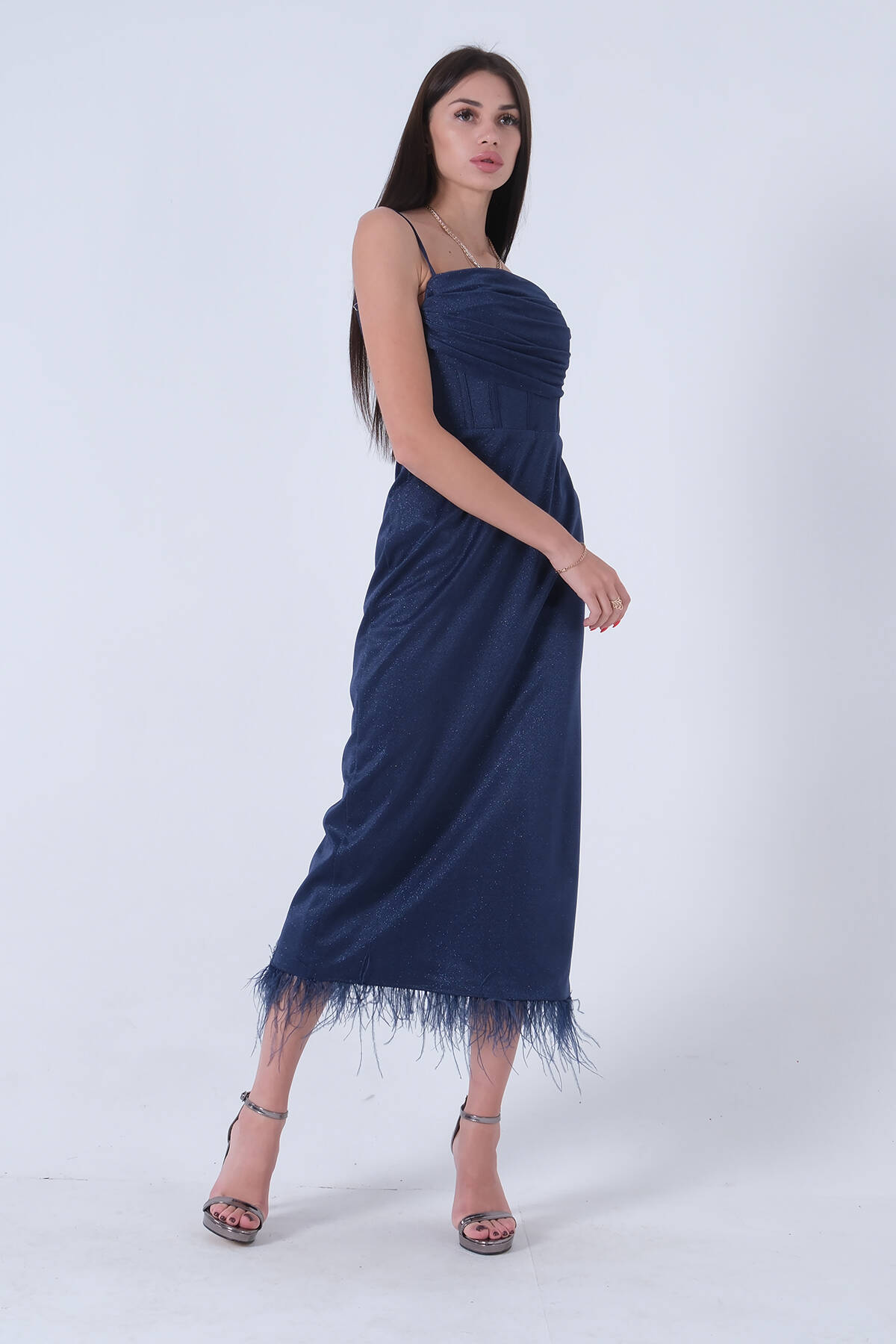 Lacivert Etek Ucu Tüylü Simli Tül Şanel Abiye Elbise 1302245.02 - Ardanewline