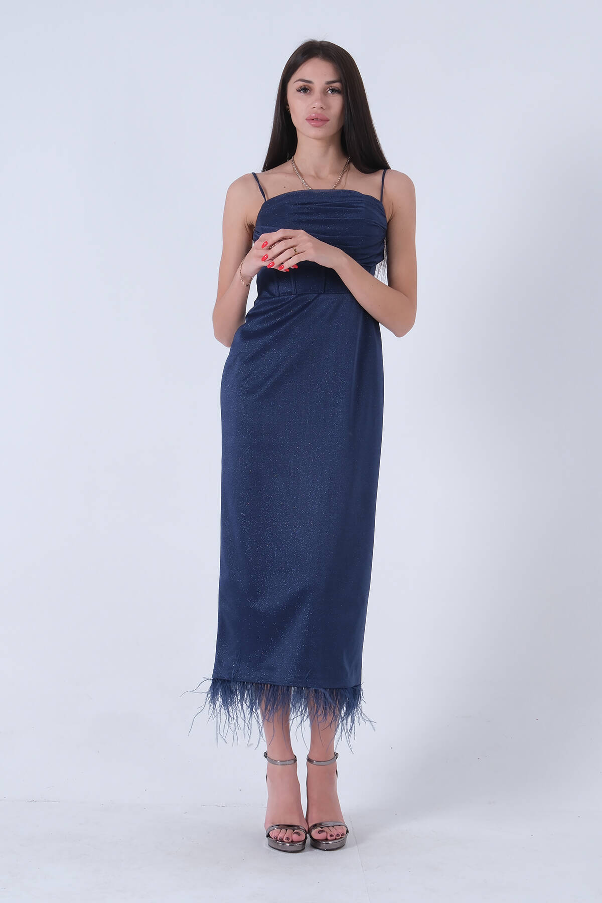 Lacivert Etek Ucu Tüylü Simli Tül Şanel Abiye Elbise 1302245.02 - Ardanewline (1)