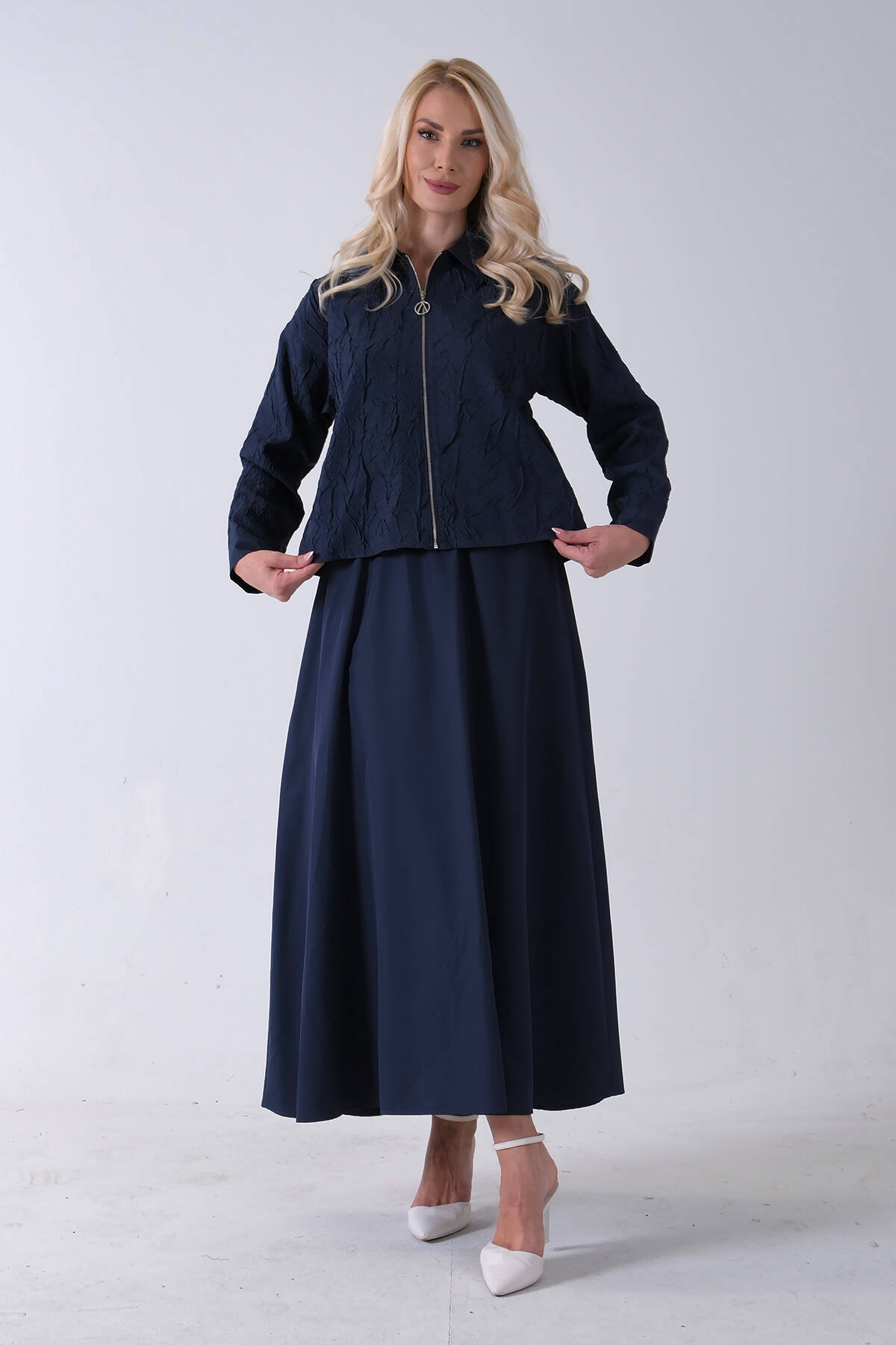 Lacivert Fermuar Kapamalı Ceket Üzeri Desenli Etekli Takım 4577259.02 - Ardanewline